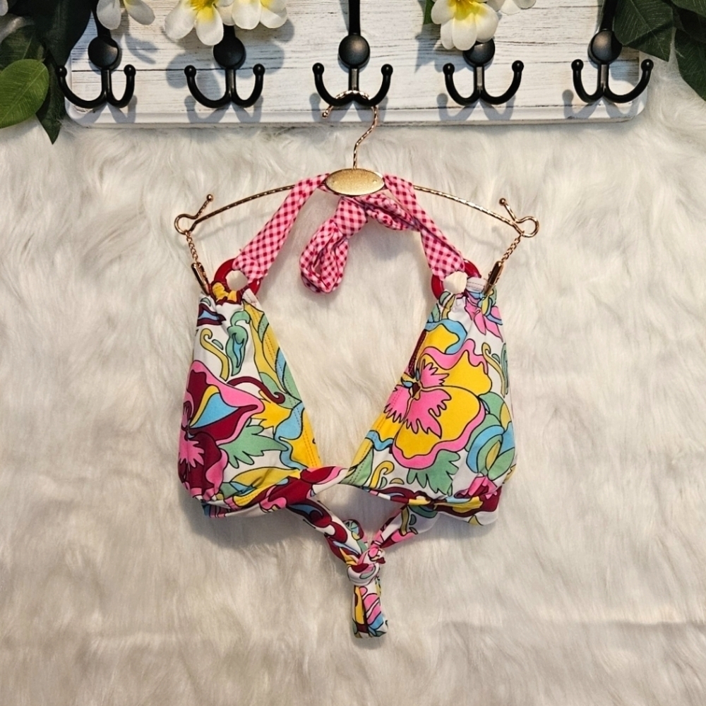 Firefly Boho 70's Floral Gingham Halter Knot Bikini Top (top only)